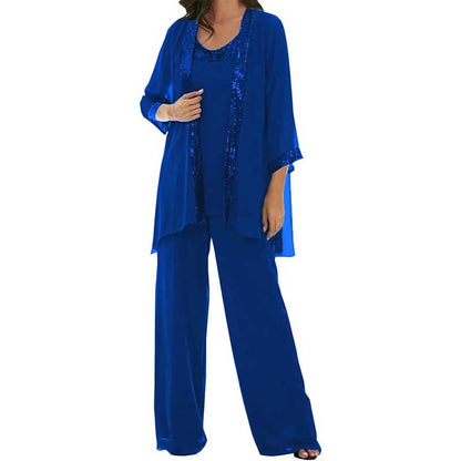 3 Pcs Mother of The Bride Outfit Wedding 3/4 Sleeves Formal Pantsuit with Jacket