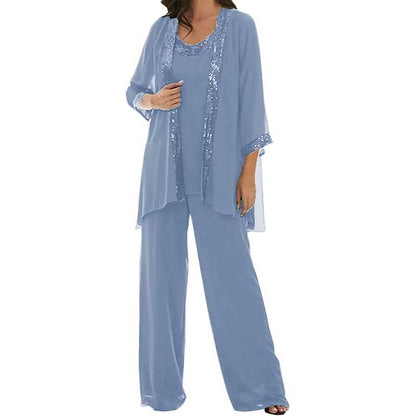 3 Pcs Mother of The Bride Outfit Wedding 3/4 Sleeves Formal Pantsuit with Jacket