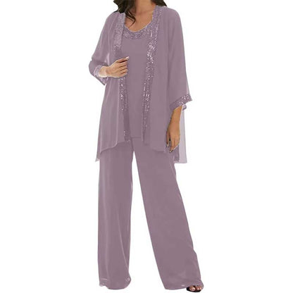 3 Pcs Mother of The Bride Outfit Wedding 3/4 Sleeves Formal Pantsuit with Jacket
