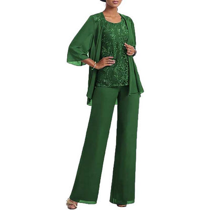 3 Pcs Mother of The Bride Pantsuits Jacketed Lace Applique Formal Pant Suit with Sleeves