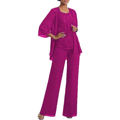 3 Pcs Mother of The Bride Pantsuits Jacketed Lace Applique Formal Pant Suit with Sleeves