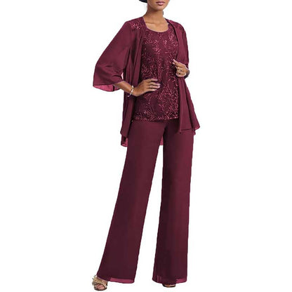 3 Pcs Mother of The Bride Pantsuits Jacketed Lace Applique Formal Pant Suit with Sleeves