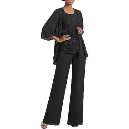 3 Pcs Mother of The Bride Pantsuits Jacketed Lace Applique Formal Pant Suit with Sleeves