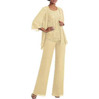 3 Pcs Mother of The Bride Pantsuits Jacketed Lace Applique Formal Pant Suit with Sleeves