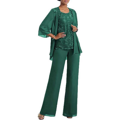 3 Pcs Mother of The Bride Pantsuits Jacketed Lace Applique Formal Pant Suit with Sleeves