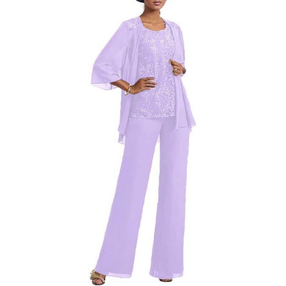 3 Pcs Mother of The Bride Pantsuits Jacketed Lace Applique Formal Pant Suit with Sleeves