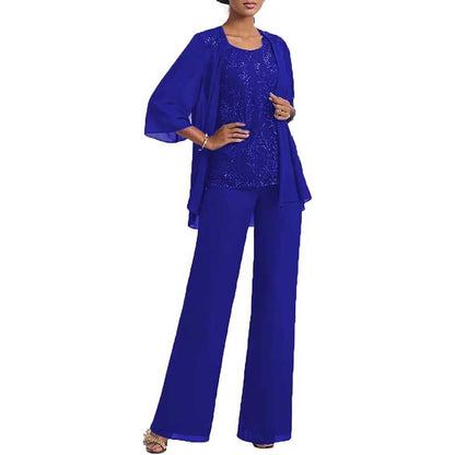 3 Pcs Mother of The Bride Pantsuits Jacketed Lace Applique Formal Pant Suit with Sleeves