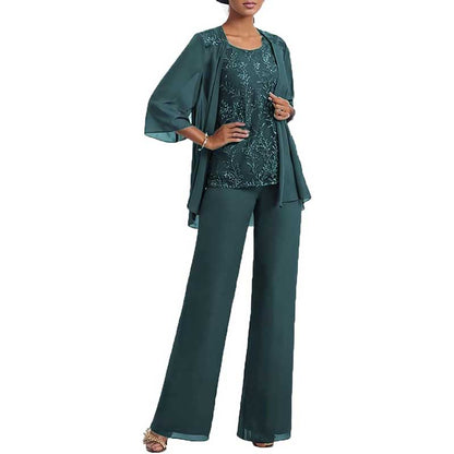 3 Pcs Mother of The Bride Pantsuits Jacketed Lace Applique Formal Pant Suit with Sleeves