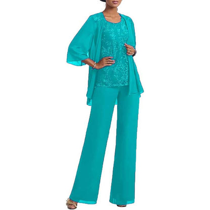 3 Pcs Mother of The Bride Pantsuits Jacketed Lace Applique Formal Pant Suit with Sleeves