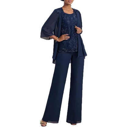 3 Pcs Mother of The Bride Pantsuits Jacketed Lace Applique Formal Pant Suit with Sleeves