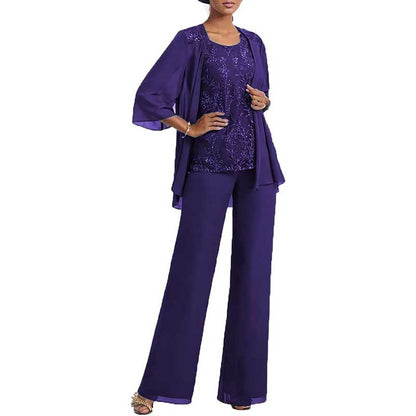 3 Pcs Mother of The Bride Pantsuits Jacketed Lace Applique Formal Pant Suit with Sleeves