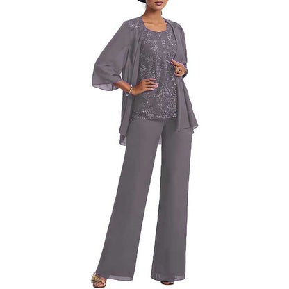 3 Pcs Mother of The Bride Pantsuits Jacketed Lace Applique Formal Pant Suit with Sleeves