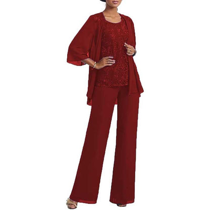 3 Pcs Mother of The Bride Pantsuits Jacketed Lace Applique Formal Pant Suit with Sleeves