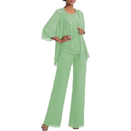3 Pcs Mother of The Bride Pantsuits Jacketed Lace Applique Formal Pant Suit with Sleeves