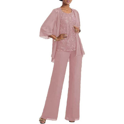 3 Pcs Mother of The Bride Pantsuits Jacketed Lace Applique Formal Pant Suit with Sleeves