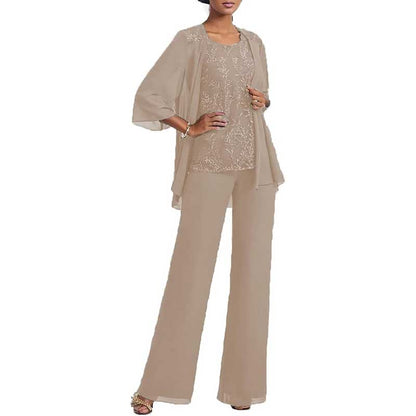 3 Pcs Mother of The Bride Pantsuits Jacketed Lace Applique Formal Pant Suit with Sleeves