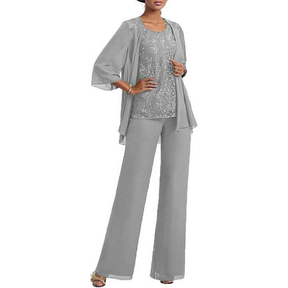3 Pcs Mother of The Bride Pantsuits Jacketed Lace Applique Formal Pant Suit with Sleeves