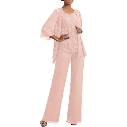3 Pcs Mother of The Bride Pantsuits Jacketed Lace Applique Formal Pant Suit with Sleeves