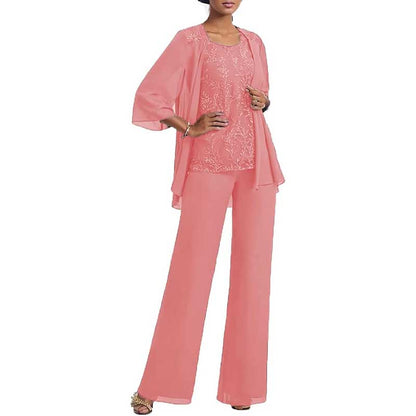 3 Pcs Mother of The Bride Pantsuits Jacketed Lace Applique Formal Pant Suit with Sleeves