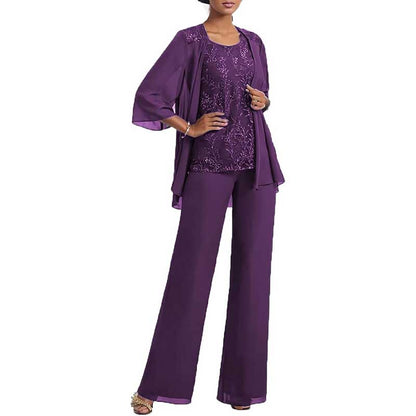 3 Pcs Mother of The Bride Pantsuits Jacketed Lace Applique Formal Pant Suit with Sleeves