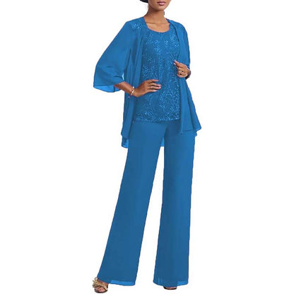3 Pcs Mother of The Bride Pantsuits Jacketed Lace Applique Formal Pant Suit with Sleeves