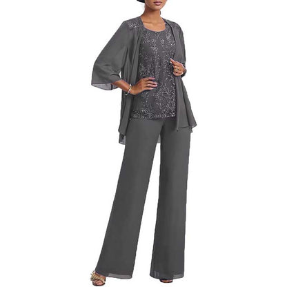 3 Pcs Mother of The Bride Pantsuits Jacketed Lace Applique Formal Pant Suit with Sleeves