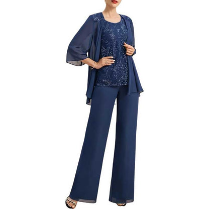 3 Pcs Mother of The Bride Pantsuits Jacketed Lace Applique Formal Pant Suit with Sleeves