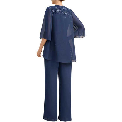 3 Pcs Mother of The Bride Pantsuits Jacketed Lace Applique Formal Pant Suit with Sleeves
