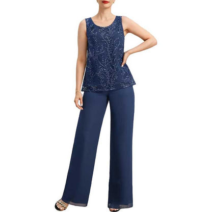 3 Pcs Mother of The Bride Pantsuits Jacketed Lace Applique Formal Pant Suit with Sleeves