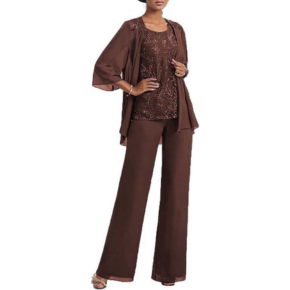 3 Pcs Mother of The Bride Pantsuits Jacketed Lace Applique Formal Pant Suit with Sleeves