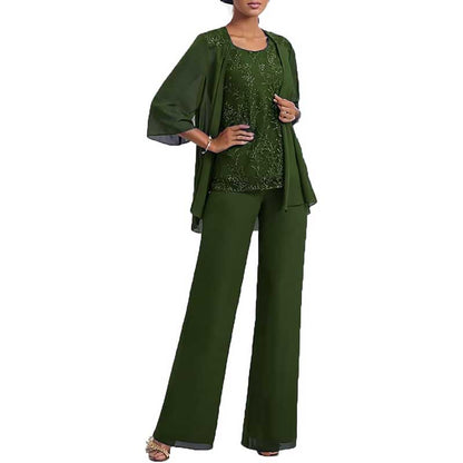 3 Pcs Mother of The Bride Pantsuits Jacketed Lace Applique Formal Pant Suit with Sleeves