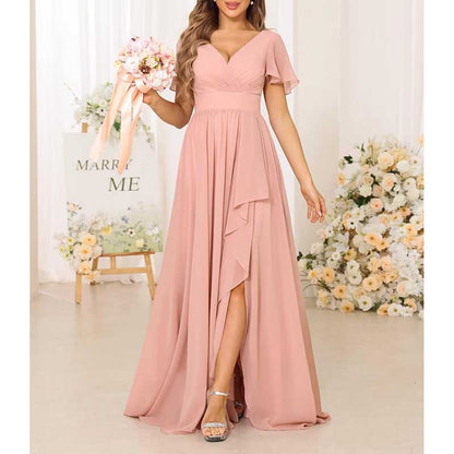 V-Neck Chiffon Bridesmaid Dress With Pocket – Short Sleeves & Elegant Side Split