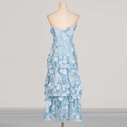 3D Floral Flower Strapless Midi Dress
