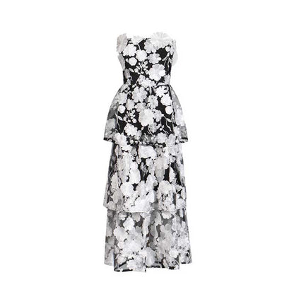 3D Floral Flower Strapless Midi Dress