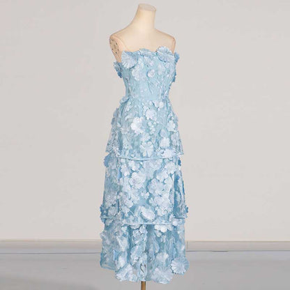 3D Floral Flower Strapless Midi Dress