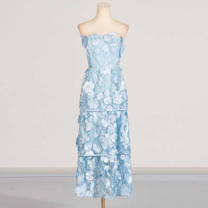 3D Floral Flower Strapless Midi Dress