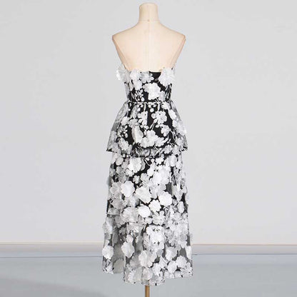 3D Floral Flower Strapless Midi Dress
