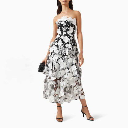 3D Floral Flower Strapless Midi Dress