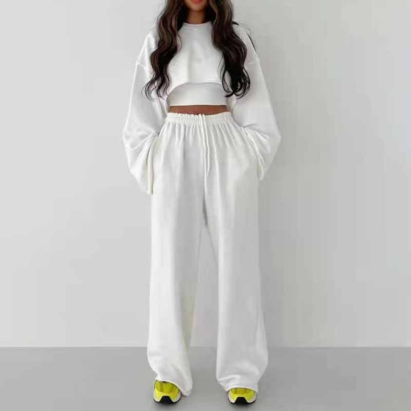 Women's casual 3 pieces pantsuits long sleeved hoodie with wide leg pants