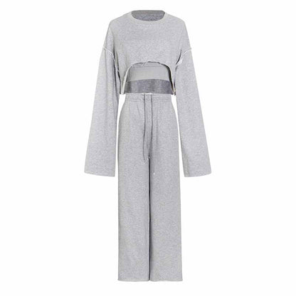 Women's casual 3 pieces pantsuits long sleeved hoodie with wide leg pants