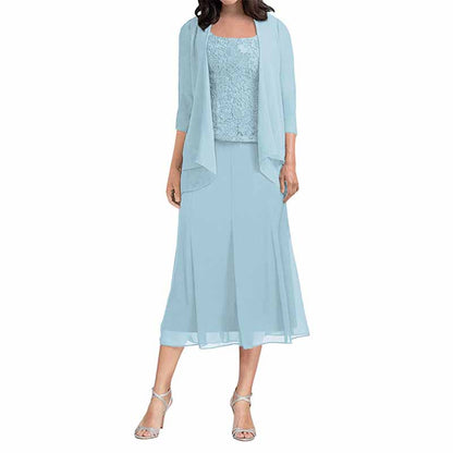 3 Pieces A-line Scoop Tea-Length Chiffon Mother of the Bride Dress With Sleeveless
