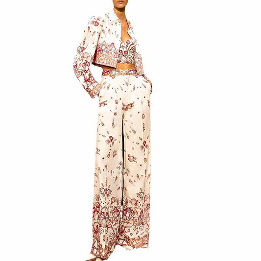 Wide-Leg 3-Piece Suit Womens Floral suit, Pantsuit Crop Bra Top Blazer Pant Suit