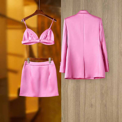 Women Loose Pink Set fit Blazer + Bra + Mini Skirt 3 Pieces Suit