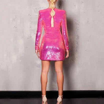 Women's Sexy V Neck Fully Sequinned Mini Dress Hot Pink Blazer Dress