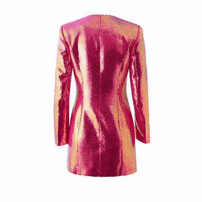 Women's Sexy V Neck Fully Sequinned Mini Dress Hot Pink Blazer Dress