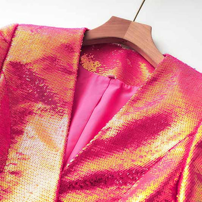 Women's Sexy V Neck Fully Sequinned Mini Dress Hot Pink Blazer Dress