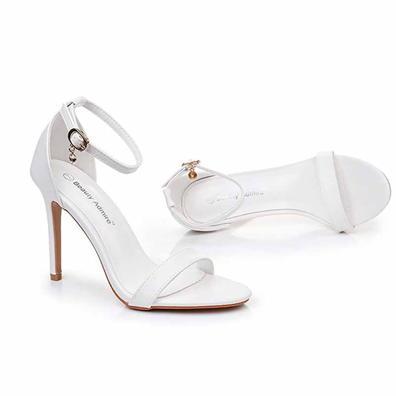 4.13" White Ankle Strap Heels Summer Wedding Dress Heels Prom Shoes