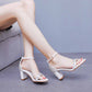 2.95" 3.74" White Crystal Ankle Strap Chunky Heels Summer Wedding Dress Shoes