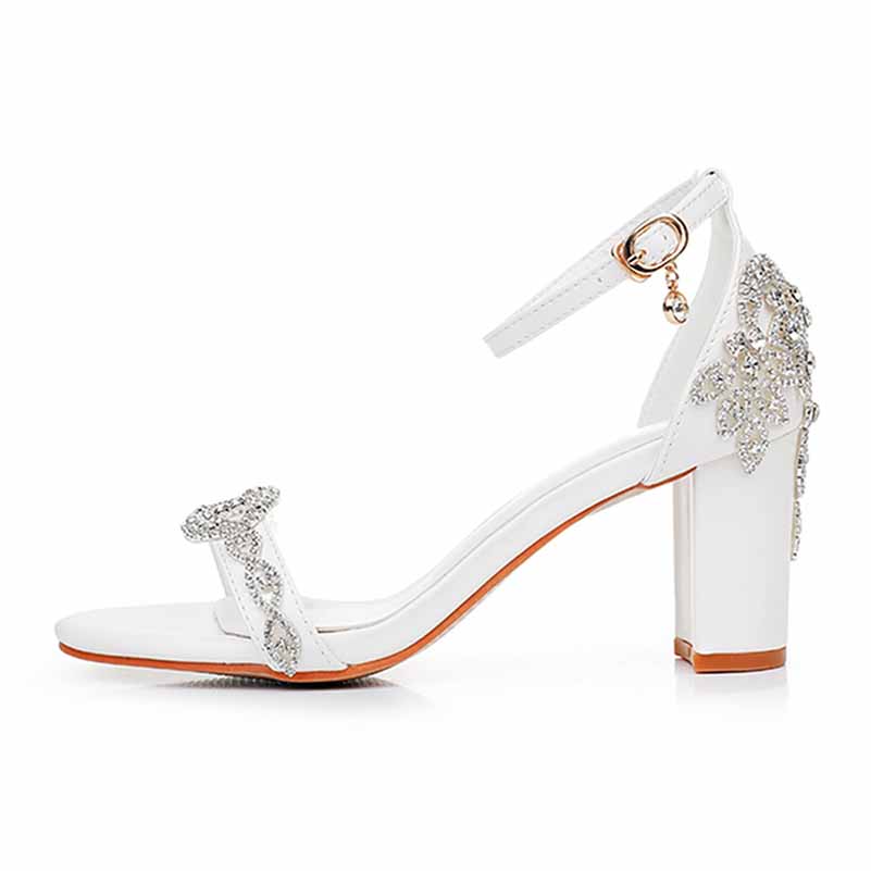 2.95" 3.74" White Crystal Ankle Strap Chunky Heels Summer Wedding Dress Shoes