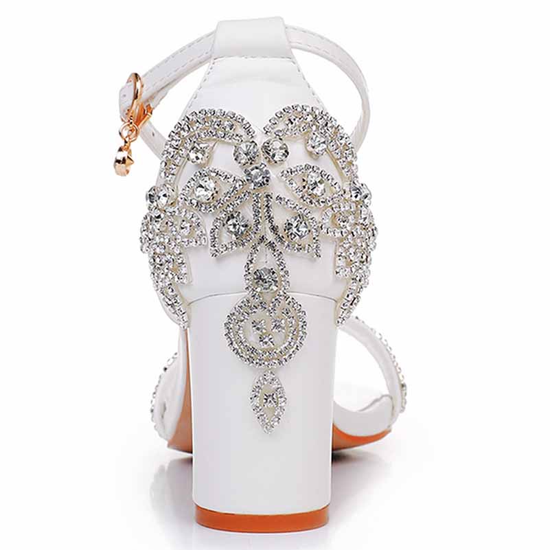 2.95" 3.74" White Crystal Ankle Strap Chunky Heels Summer Wedding Dress Shoes